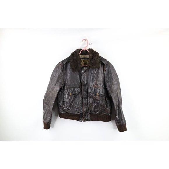 Vintage 70s Mens 38 Thrashed Leather Fleece Lined G-1 Flight Bomber Jacket Brown